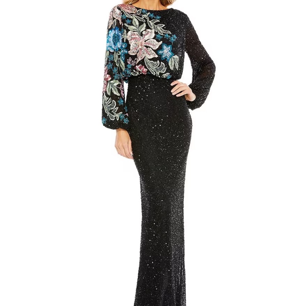 Mac Duggal Embellished Multi Color Floral Sequin Gown